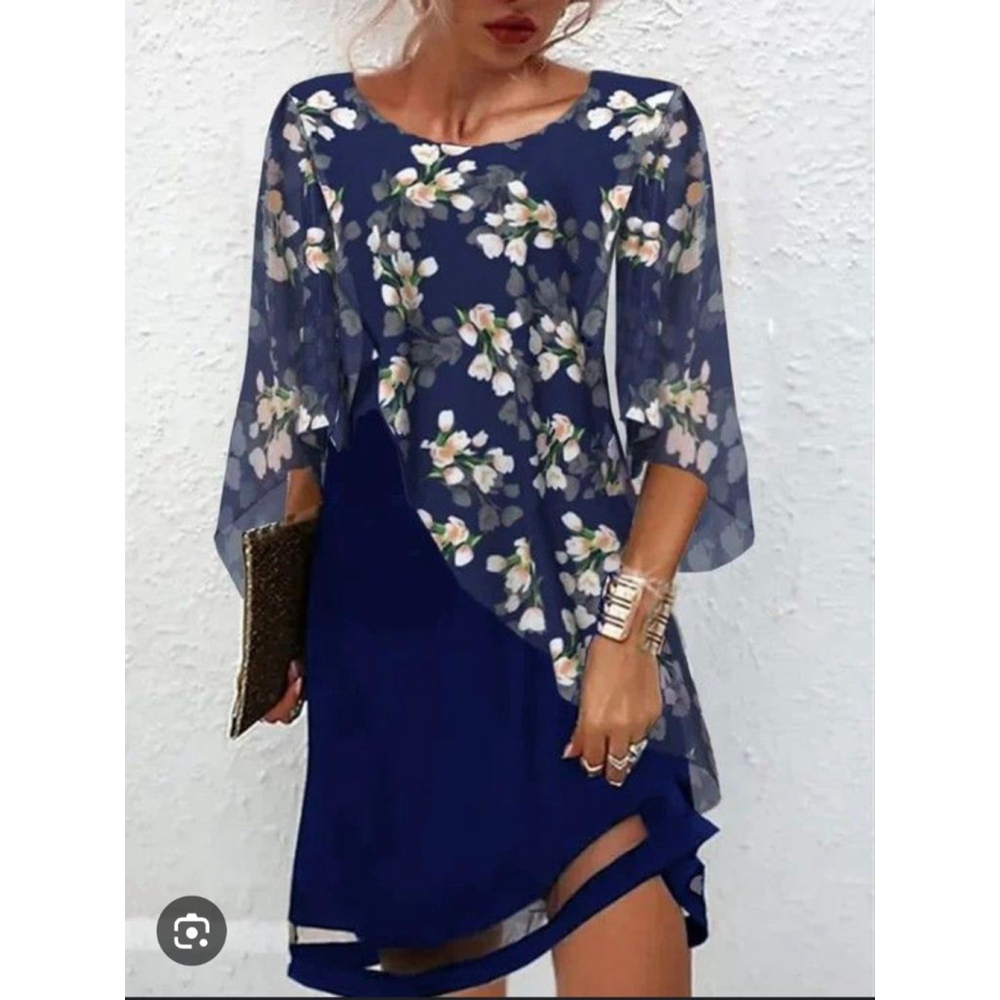 Women's Unbranded Navy Blue White Floral Asymmetrical Dress Plus Size‎ XXL